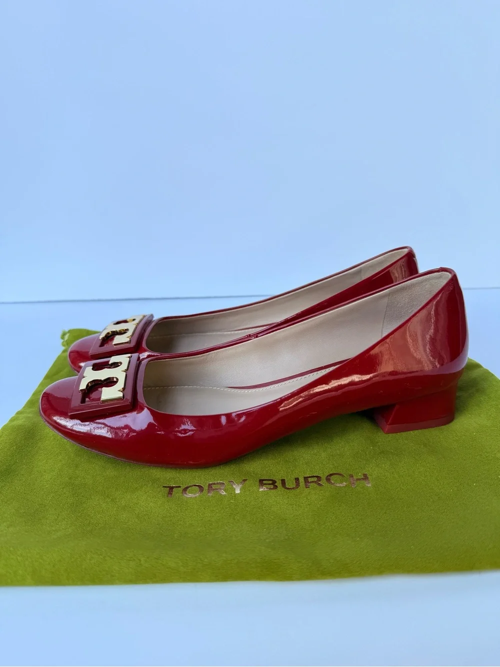 Tory Burch Gigi‎ Soft Patent Leather Low Block Heel Pumps Red Sz 6